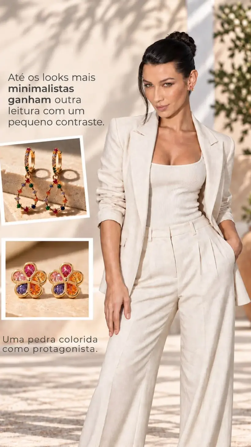Look minimalista em tons claros com brincos coloridos
