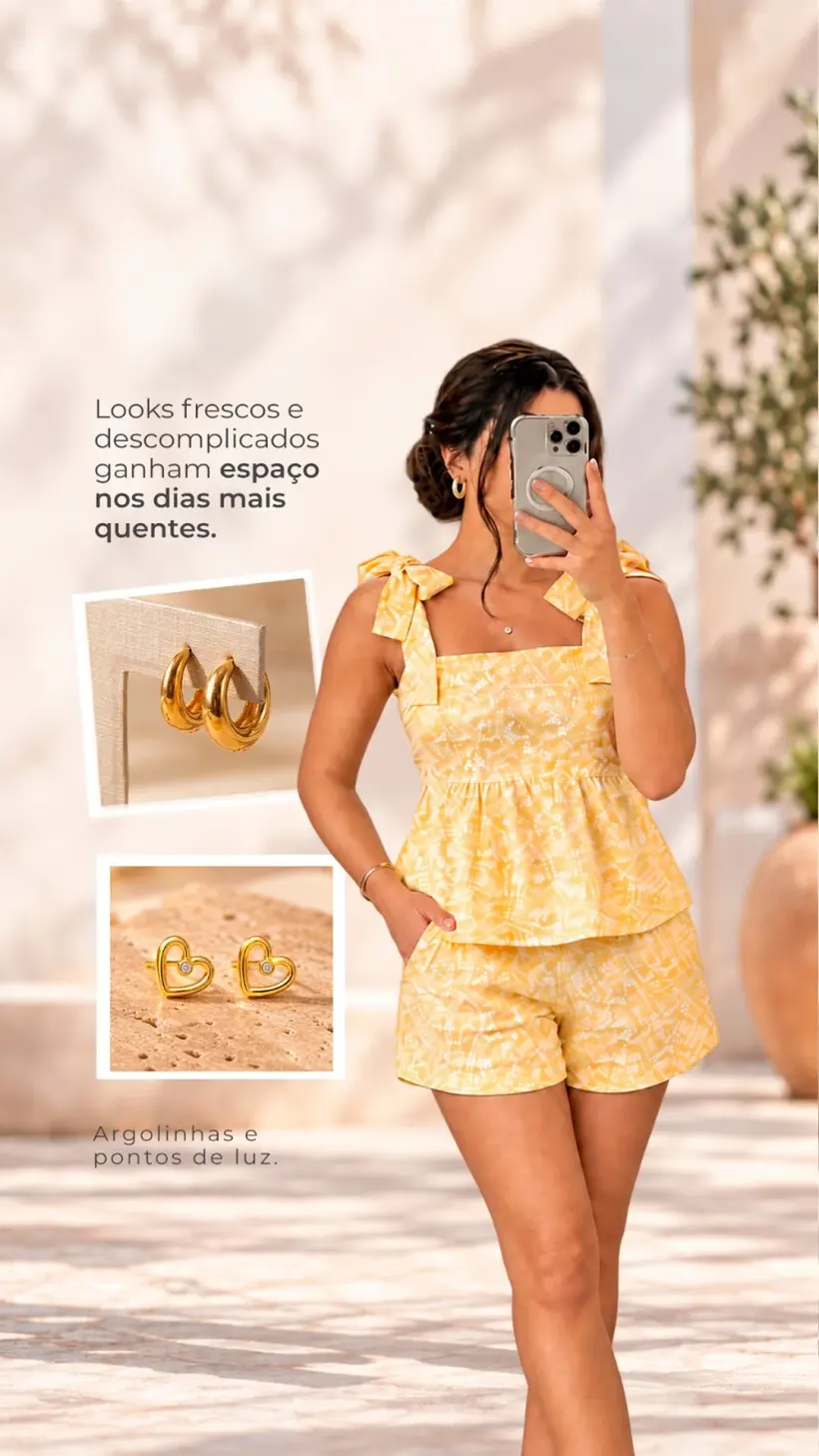 Conjunto amarelo com argolinhas e brincos delicados