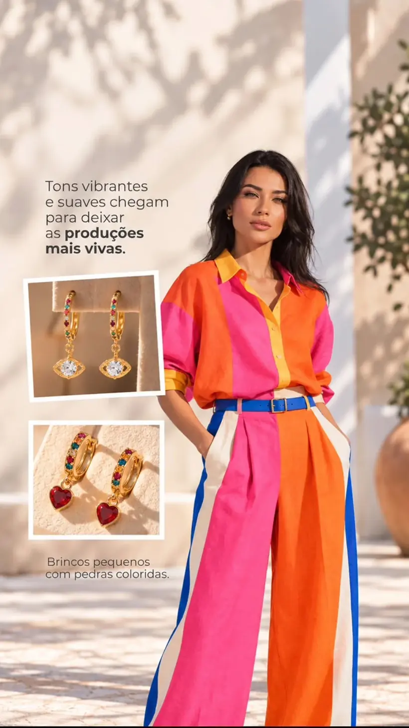 Look colorido com brincos pequenos de pedras coloridas